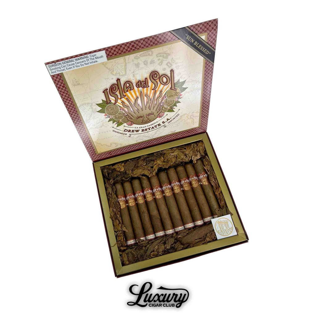 Open box of Isla Del Sol Sungrown Robusto cigars by Drew Estate, showcasing premium handmade sticks with red and gold bands.