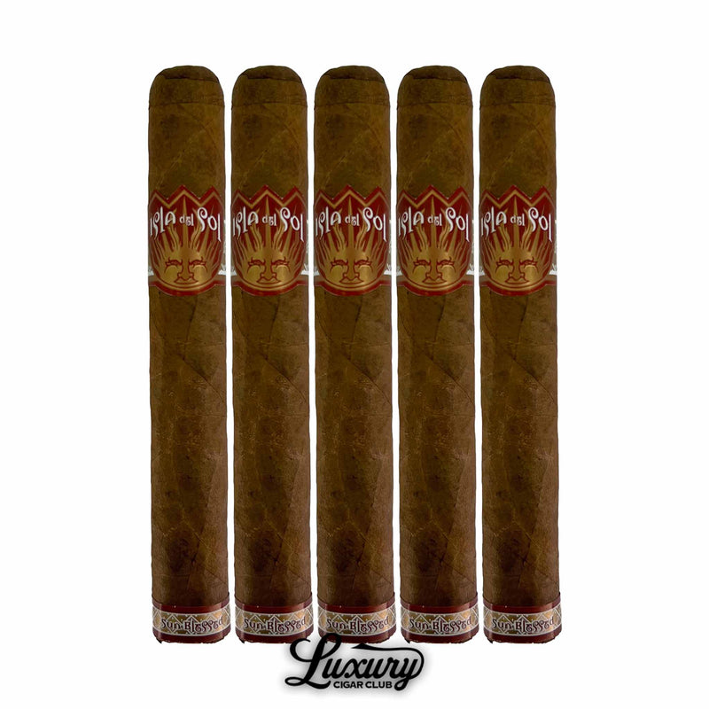 Five Isla Del Sol Sungrown Toro cigars with sun-themed band and Luxury Cigar Club logo.