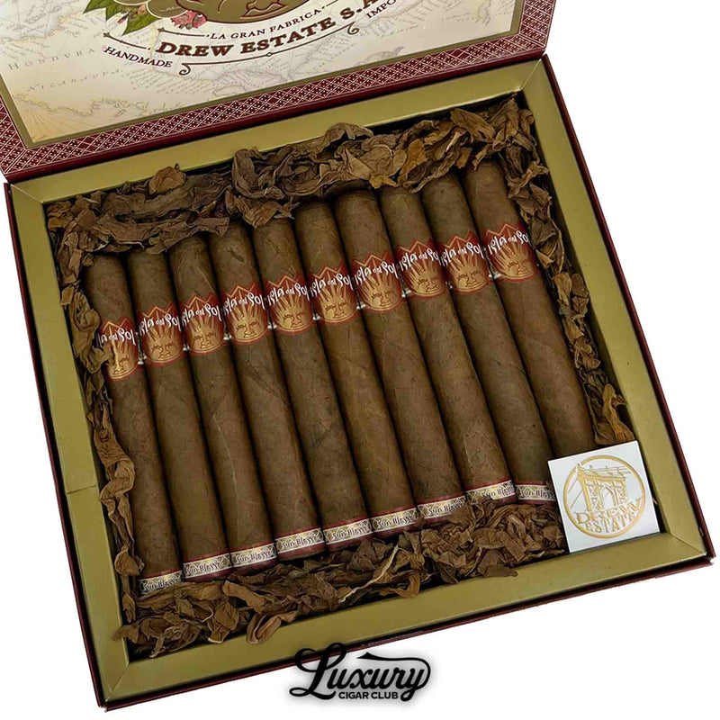 Close-up view of Isla Del Sol Sungrown Toro cigars in an open box with tobacco leaf lining and Luxury Cigar Club logo.