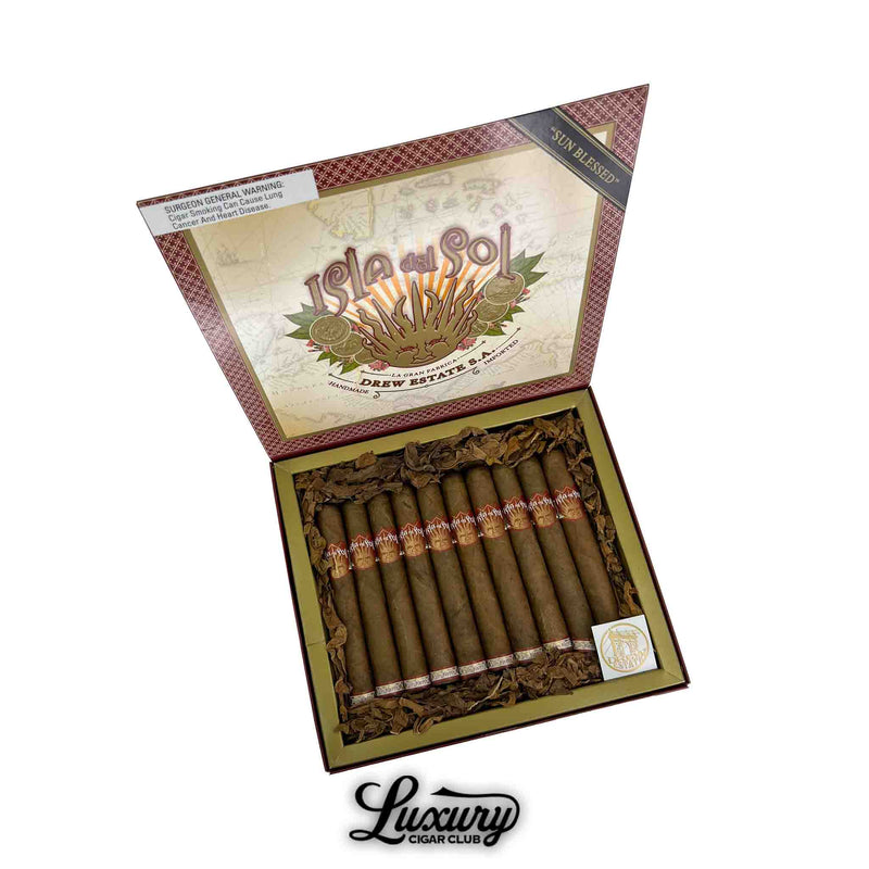 Open box of Isla Del Sol Sungrown Toro cigars by Drew Estate with decorative lid and Luxury Cigar Club logo.