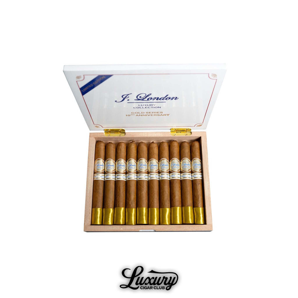 J. London Gold Series 10th Anniversary Corona Gorda box of 10 cigars with golden foot bands available at Luxury Cigar Club