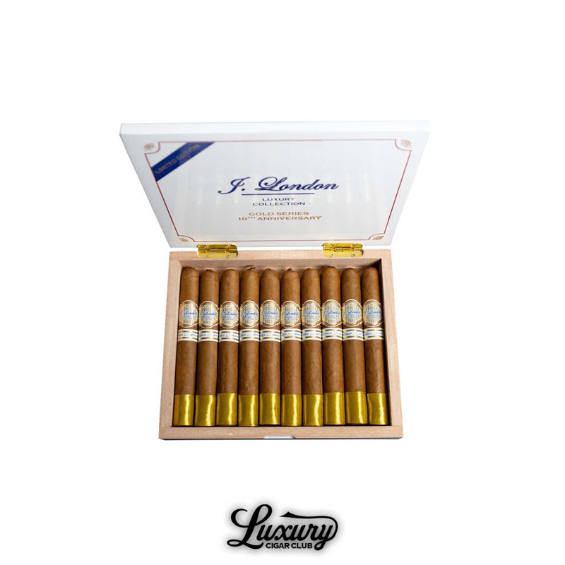 J. London Gold Series 10th Anniversary Corona Gorda box of 10 cigars with golden foot bands available at Luxury Cigar Club