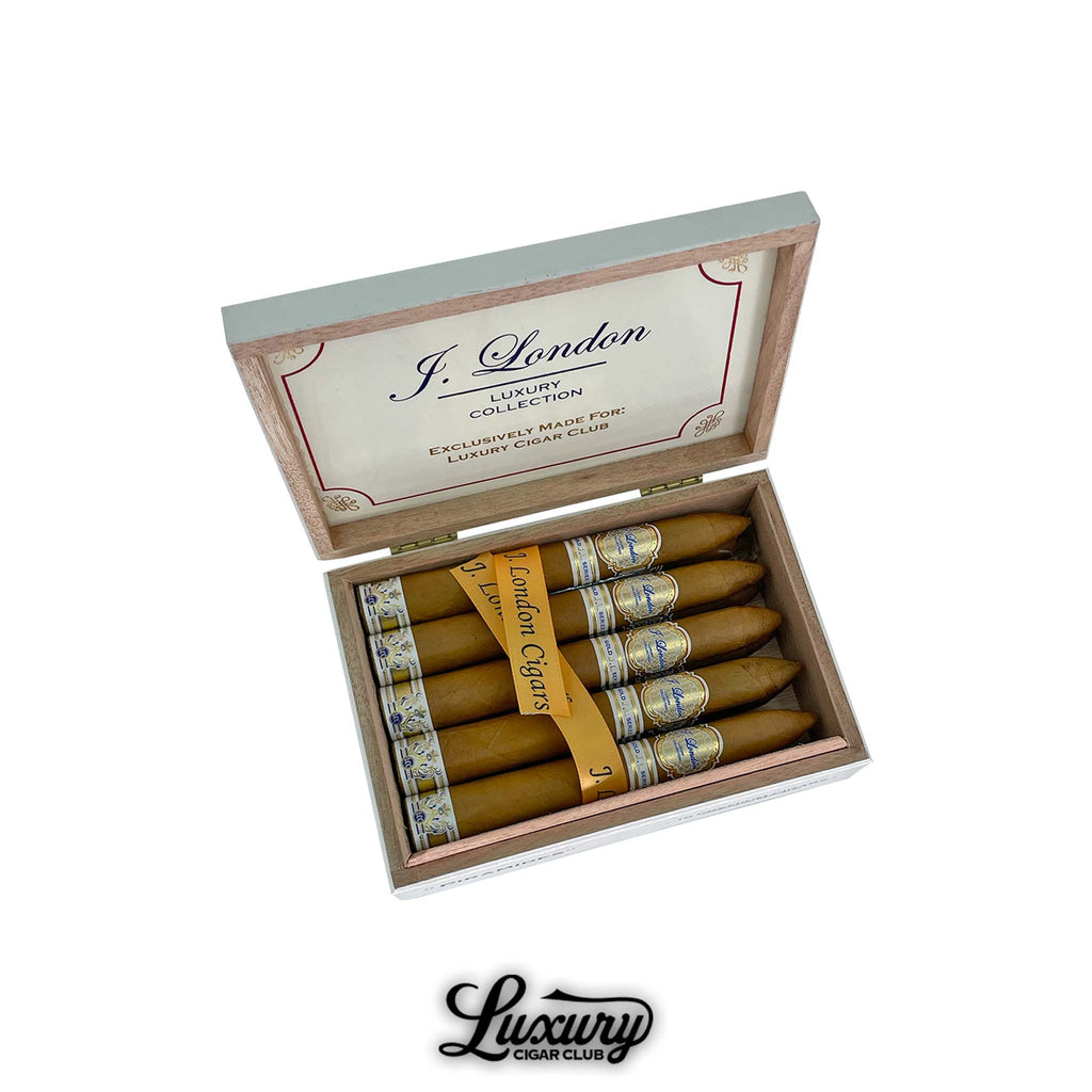 J. London Gold Series LCC Exclusive Piramides cigars in open wooden box, crafted exclusively for Luxury Cigar Club, showcasing elegant presentation and premium wrappers.