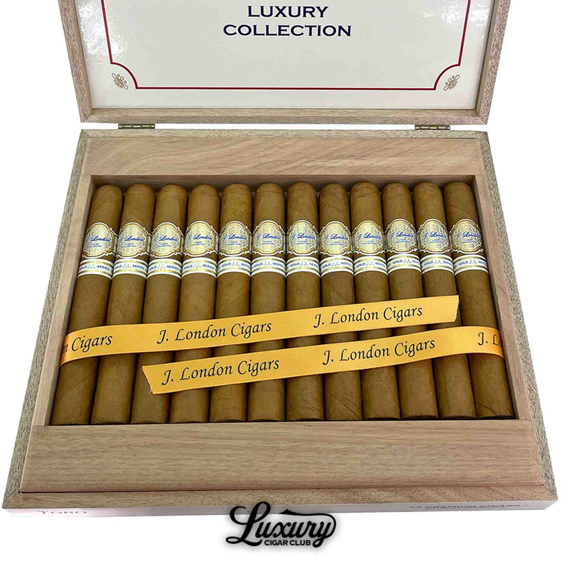 Luxury Cigar Club J. London Gold Series Toro Cigars close up with golden J. London bands in open box