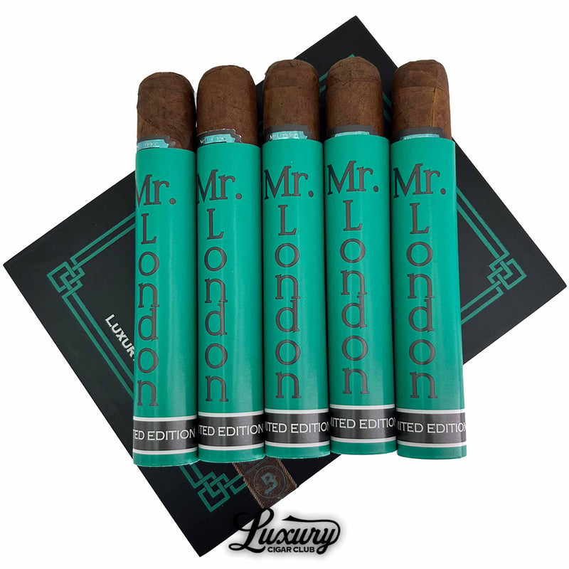 Close up of five J London Mr London Super Robusto limited edition cigars in teal tubes displayed on Luxury Cigar Club box