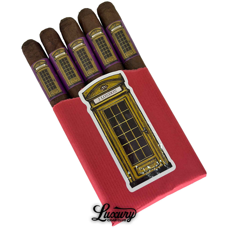 J. London Telephone Booth Series Gold Robusto 5-pack cigars partially unwrapped to reveal purple and gold bands inside the signature red packaging, offered by Luxury Cigar Club.