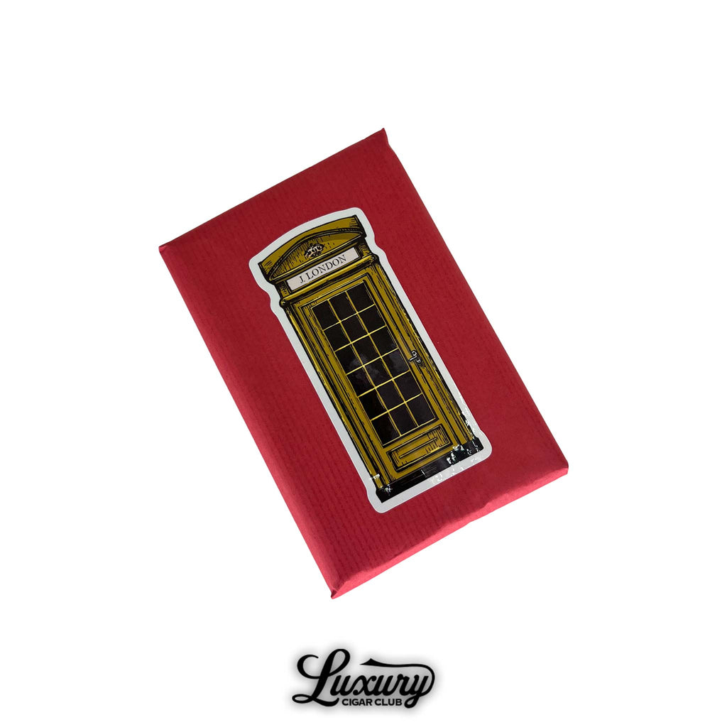 J. London Telephone Booth Series Gold Robusto cigars wrapped in signature red paper with golden phone booth artwork, available from Luxury Cigar Club.