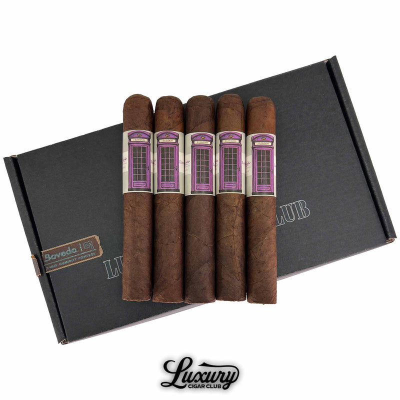 Five J London Telephone Booth Series Lavender Robusto cigars lined up with purple phone booth bands displayed on top of Luxury Cigar Club black shipping box for sale online