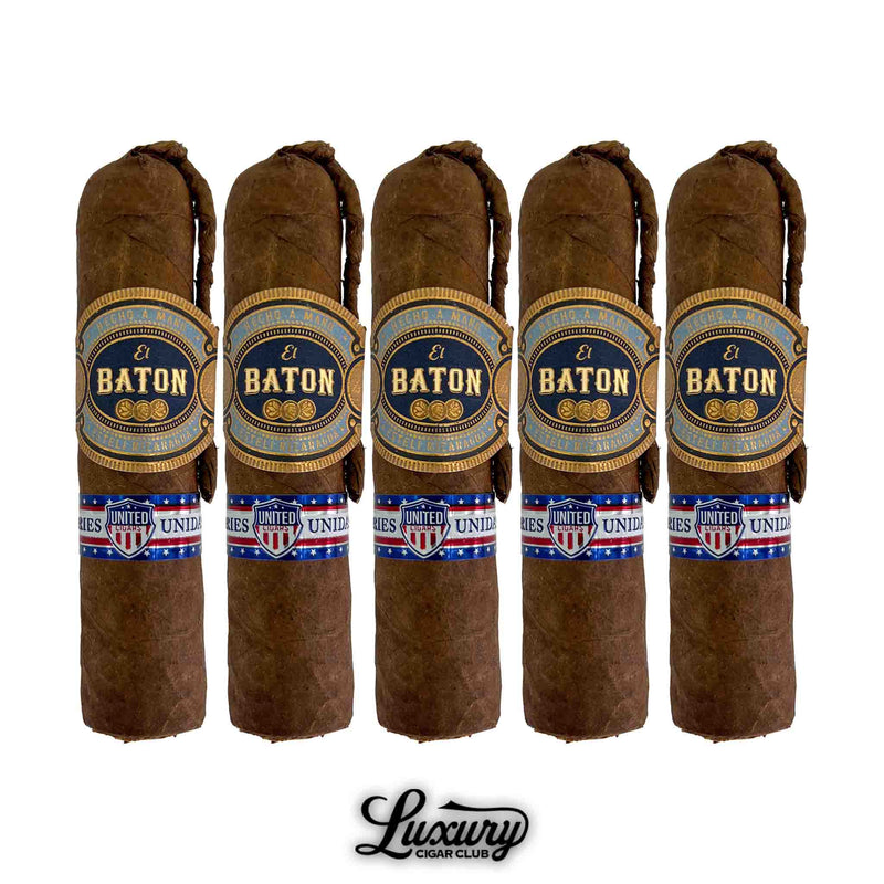 Five El Baton Cameroon Firecracker Petit Robusto cigars standing upright in a row showing their detailed navy blue and gold bands with patriotic red, white, and blue United Series secondary bands, displayed by Luxury Cigar Club
