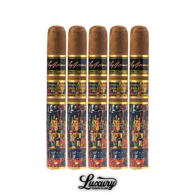 Five-pack of JC Newman LeRoy Neiman Collector’s Edition 2023 Toro cigars aligned to display their vivid collector artwork and premium design, highlighted by Luxury Cigar Club.