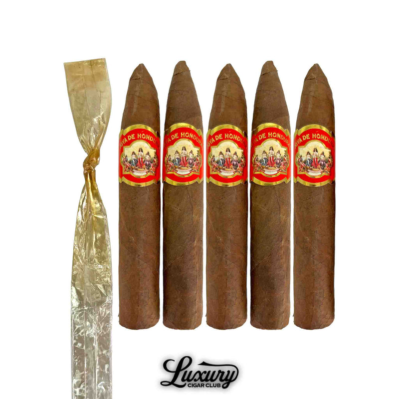 Five-pack of Joya de Honduras Torpedo cigars from Luxury Cigar Club, displaying expertly rolled figurado shapes and signature red and gold banded artwork.