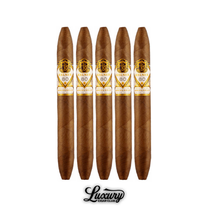 Five Kelner LE 80 cigars from Luxury Cigar Club displayed in a row, featuring Ecuadorian Habano wrappers and refined gold-and-white bands honoring Henke Kelner’s 80th anniversary.