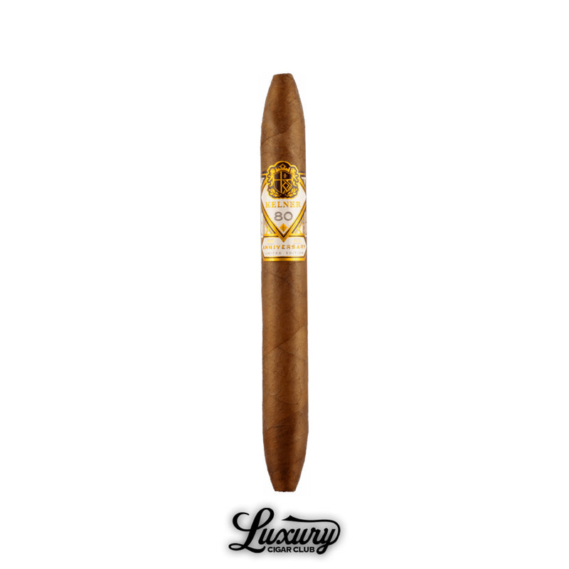 Single Kelner LE 80 cigar from Luxury Cigar Club, a limited edition diadema crafted in honor of Henke Kelner’s 80th birthday, featuring an elegant gold-and-white band and smooth Ecuadorian Habano wrapper.