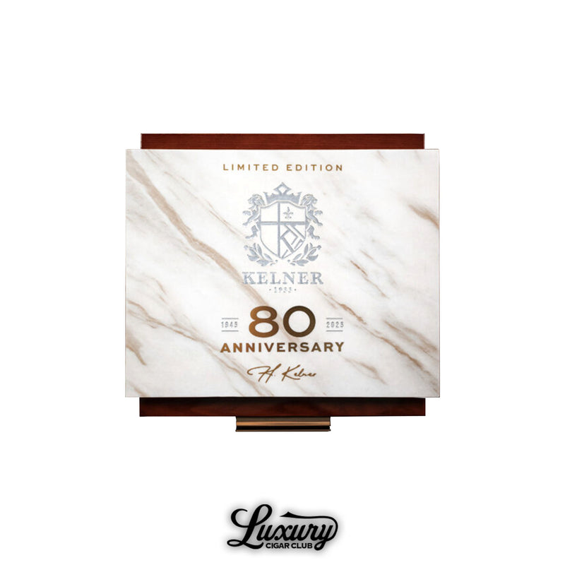 Closed Kelner LE 80 limited edition cigar box from Luxury Cigar Club featuring elegant marble design, silver crest, and gold lettering celebrating Hendrik ‘Henke’ Kelner’s 80th anniversary.