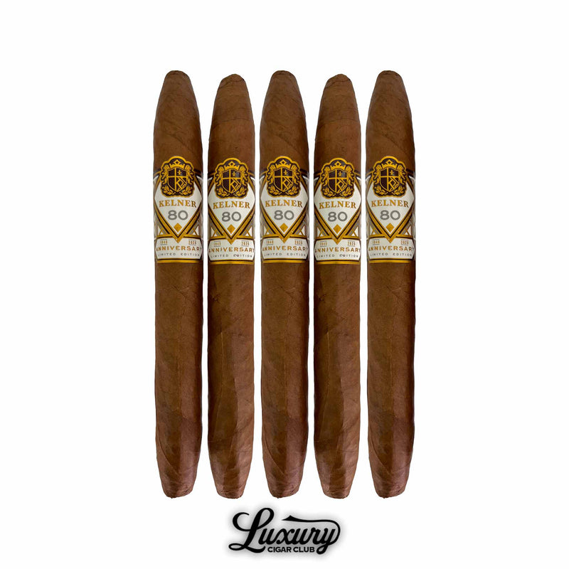 Luxury Cigar Club five-pack of Kelner Limited Edition 80th Anniversary Diadema Fina cigars lined up vertically.