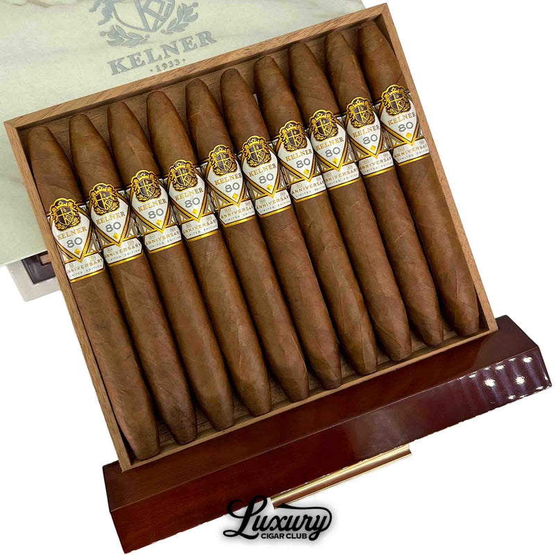 Luxury Cigar Club close-up of Kelner Limited Edition 80th Anniversary Diadema Fina cigars arranged inside the open wooden box.