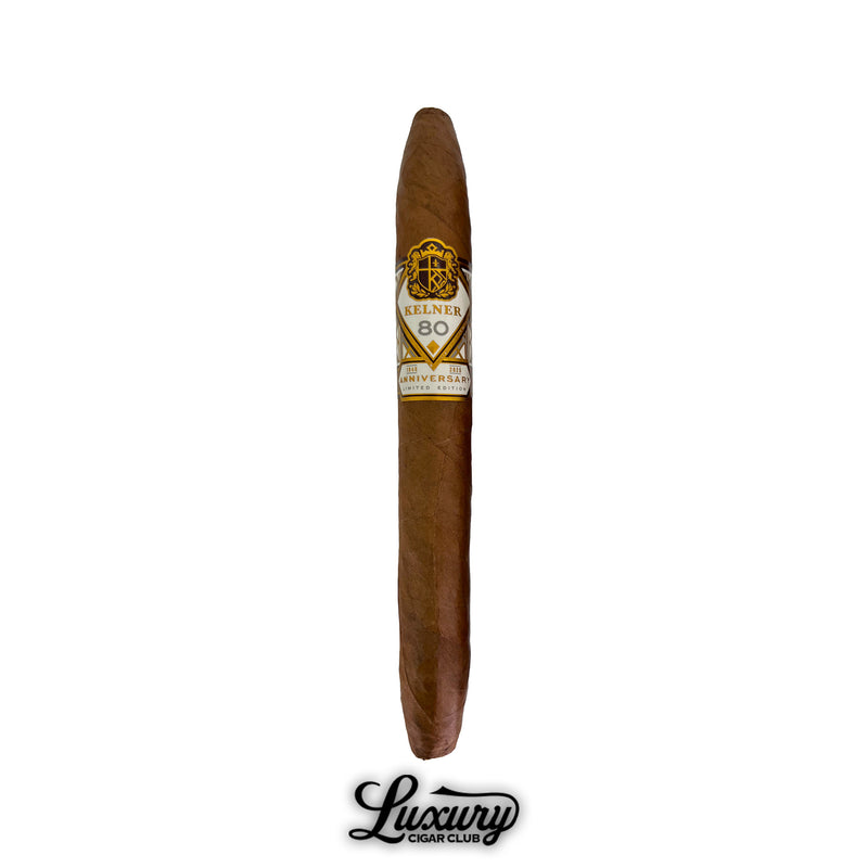 Luxury Cigar Club Kelner Limited Edition 80th Anniversary Diadema Fina single cigar with gold and white band on white background.