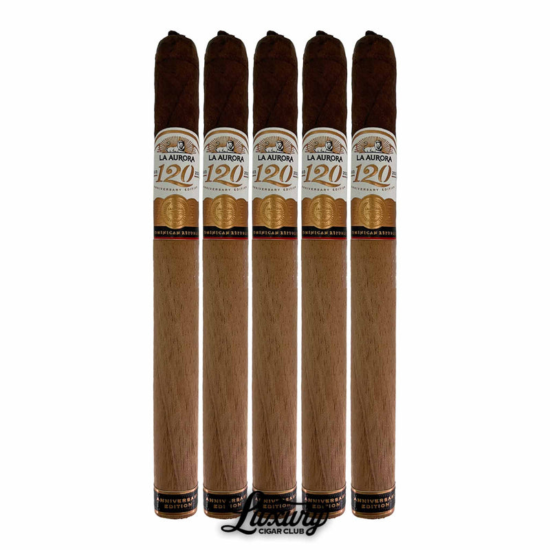 Five-pack of La Aurora 120th Anniversary Edition Lancero cigars with detailed anniversary bands and cedar sleeves, celebrating 120 years of Dominican craftsmanship.
