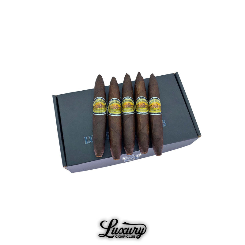 La Aurora Preferido No. 1 Black Broadleaf Perfecto cigars displayed on a Luxury Cigar Club box, showcasing the dark broadleaf wrapper, perfecto shape, and traditional La Aurora band art, premium Dominican cigars online