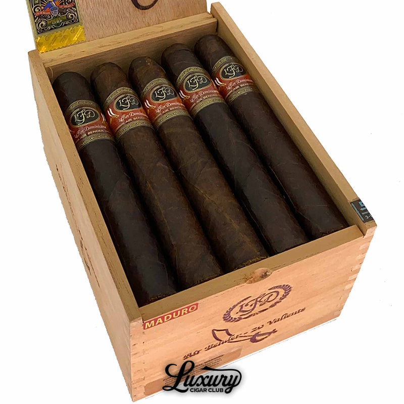 Close-up of La Flor Dominicana Air Bender Maduro Valiente cigars highlighting the detailed band design and Maduro finish, featured by Luxury Cigar Club.