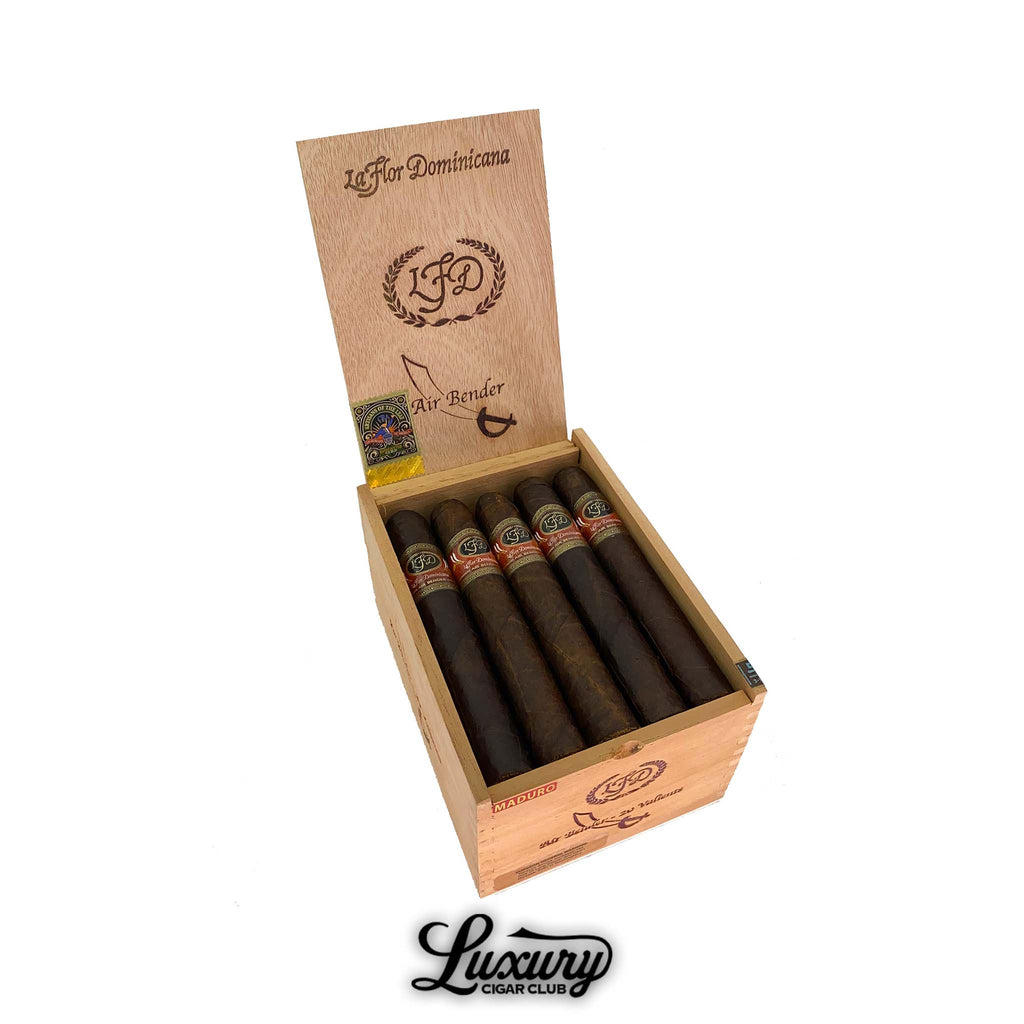 La Flor Dominicana Air Bender Maduro Valiente cigars displayed in a wooden box with rich dark wrappers and red bands, available at Luxury Cigar Club.