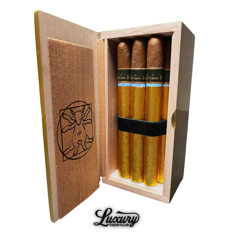 Close-up of La Flor Dominicana Andalusian Bull The Golden NFT Lonsdale cigars in an elegant wooden box with gold foil wrapping and black accents, presented by Luxury Cigar Club.