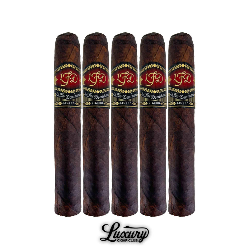 Five La Flor Dominicana Ligero Oscuro Natural L-400 cigars lined up with rich oscuro wrappers and detailed bands from Luxury Cigar Club.