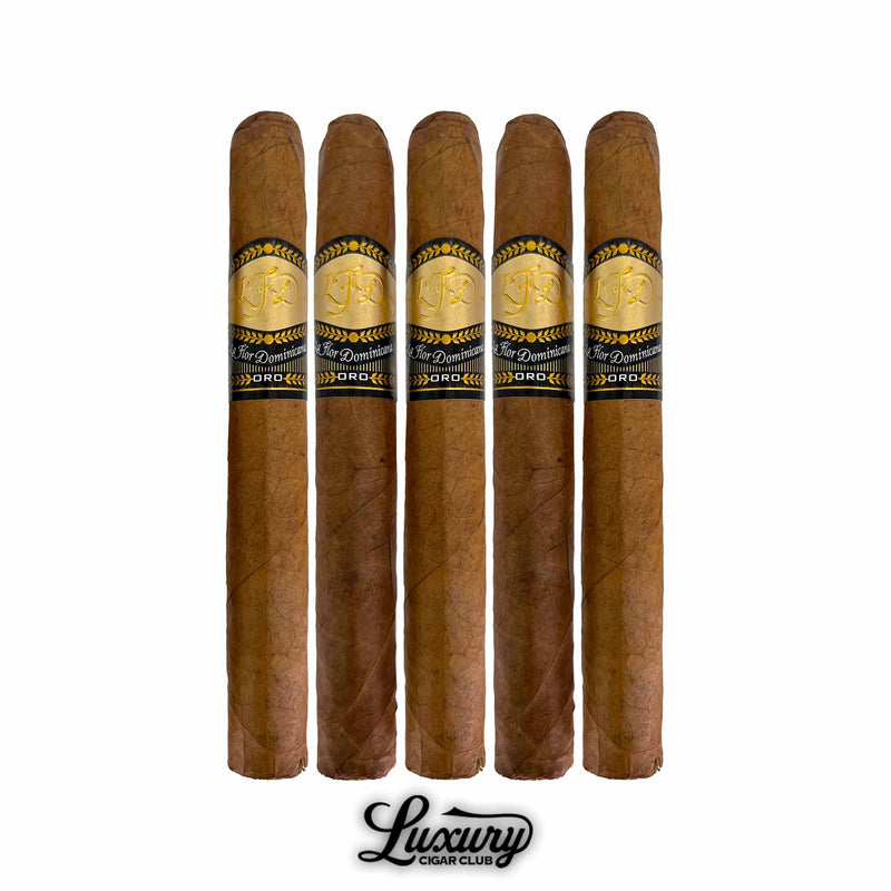 Five pack of La Flor Dominicana Oro Natural No 5 cigars with smooth natural wrappers and elegant Oro branding from Luxury Cigar Club