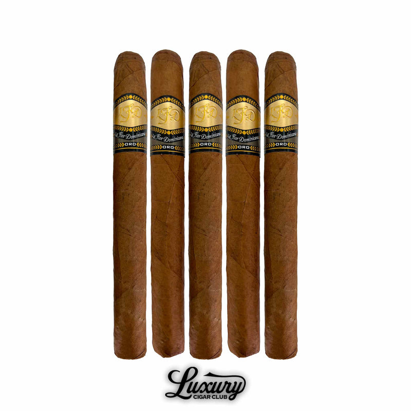 Five pack of La Flor Dominicana Oro Natural No 7 cigars featuring uniform natural leaf and gold embossed bands from Luxury Cigar Club