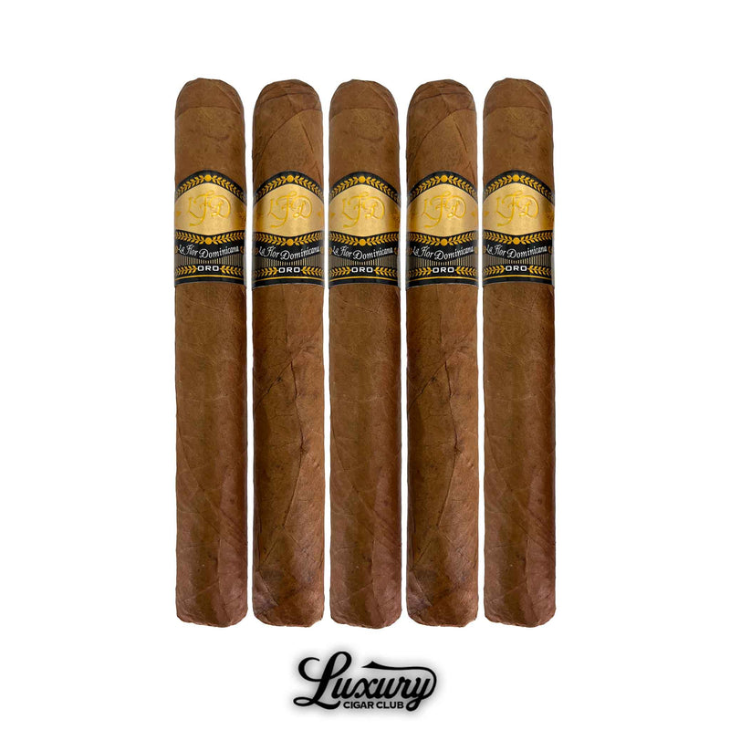 Five pack of La Flor Dominicana Oro Natural No 8 cigars showing smooth natural wrappers and gold Oro bands from Luxury Cigar Club