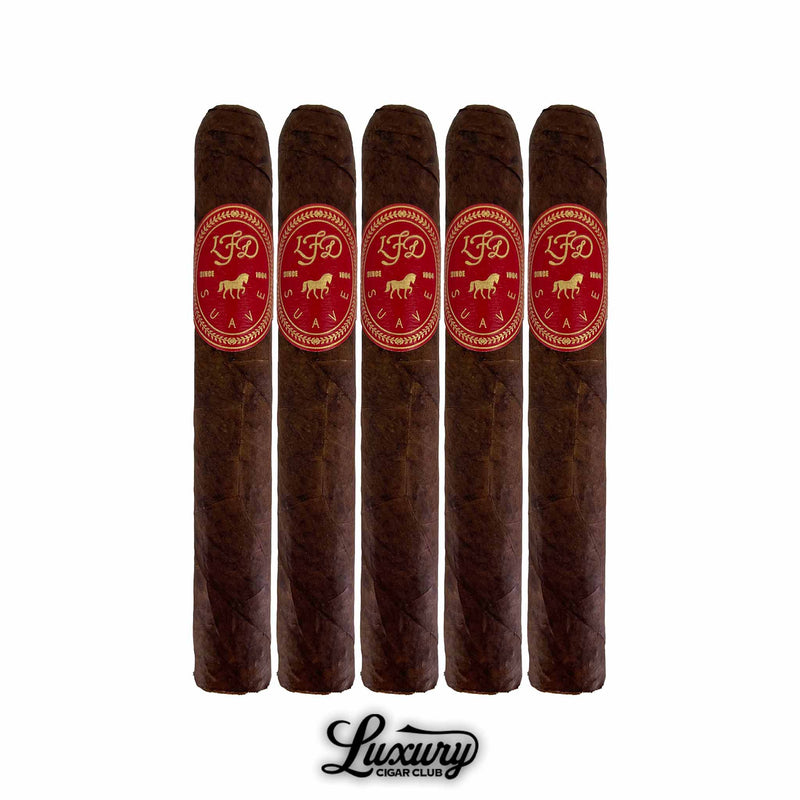 Five La Flor Dominicana Suave Maduro No 5 cigars standing side by side with bands visible at Luxury Cigar Club
