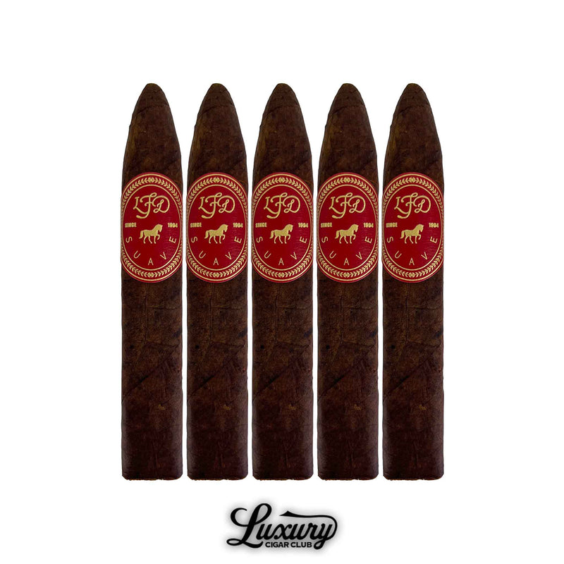 Five La Flor Dominicana Suave Maduro No 6 cigars aligned together with rich wrappers at Luxury Cigar Club