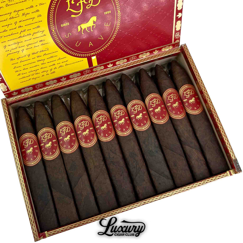 Close up of La Flor Dominicana Suave Maduro No 6 cigars arranged in box with visible bands at Luxury Cigar Club
