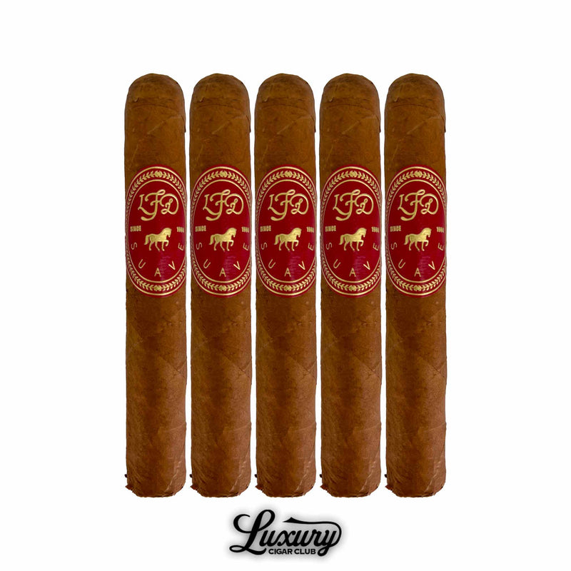 Luxury Cigar Club La Flor Dominicana Suave Natural Maceo Cigars 5 Pack five La Flor Dominicana Suave Natural Maceo cigars with red and gold bands arranged upright