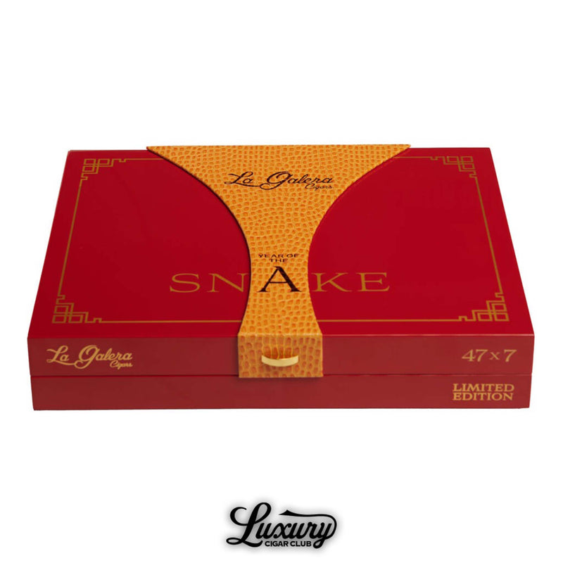 La Galera Year of the Snake Limited Edition 2025 Churchill cigars showcased in a striking red and gold presentation box with elegant oriental accents, exclusively from Luxury Cigar Club.