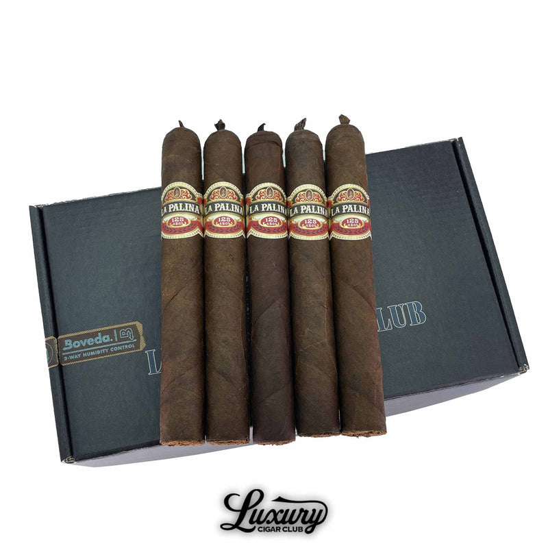 Close-up of La Palina 125 Años Limited Edition Toro cigars showcasing elegant bands and dark wrappers, presented by Luxury Cigar Club.