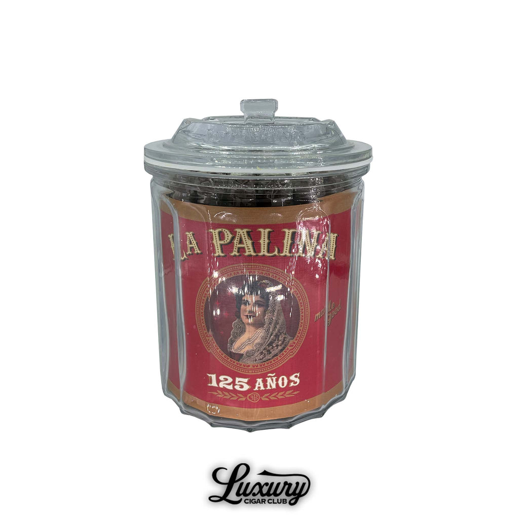 La Palina 125 Años Limited Edition Celebration Set displayed in a collectible glass jar with the classic red and gold label, featured by Luxury Cigar Club.
