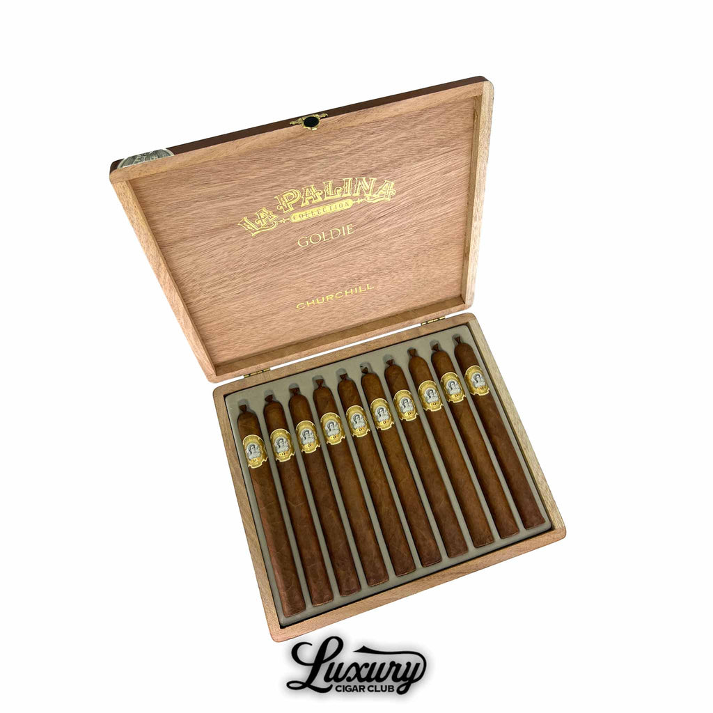 La Palina Goldie Churchill Cigars box of 10 with golden bands in a natural wood display, available at Luxury Cigar Club.