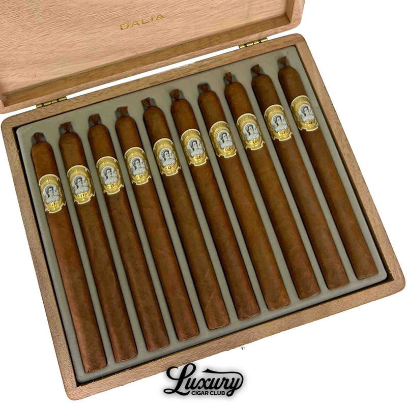 Close-up of La Palina Goldie Dalia box showing detailed cigar bands and refined presentation – Luxury Cigar Club.