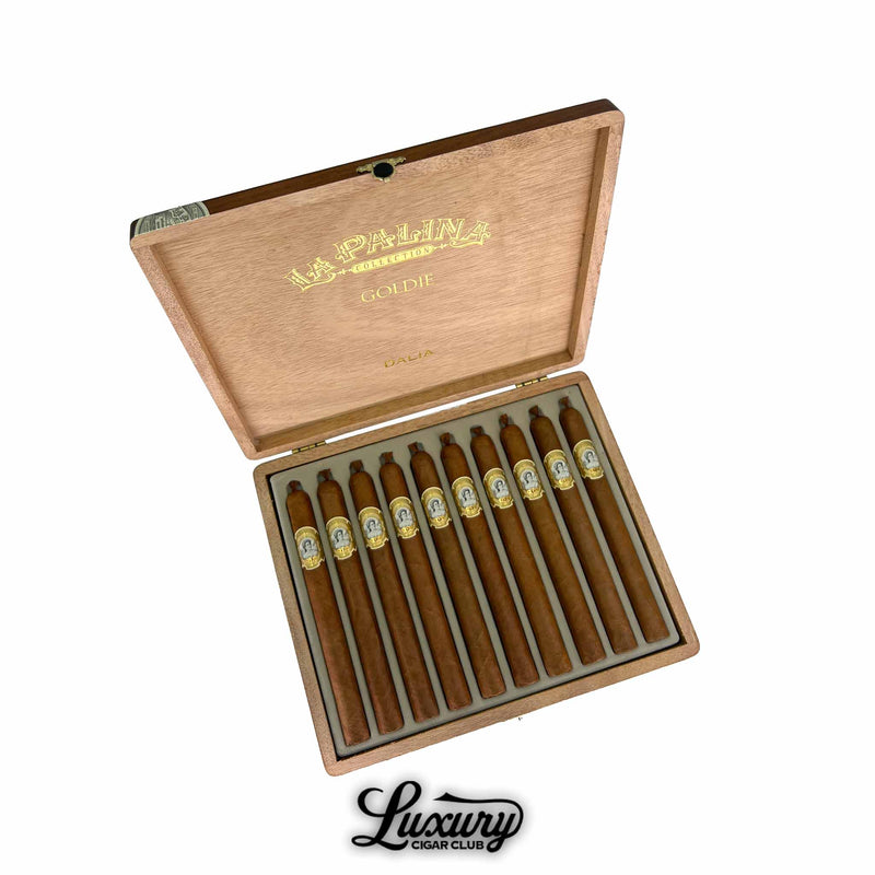 Open box of La Palina Goldie Dalia cigars with ten elegantly rolled cigars, displayed with gold and white bands – available at Luxury Cigar Club.