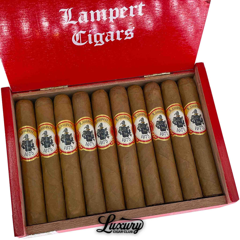 Close-up of Lampert 1675 Edición Rojo Robusto cigars inside a red box, showing detailed red and gold bands with the Lampert crest, presented by Luxury Cigar Club.