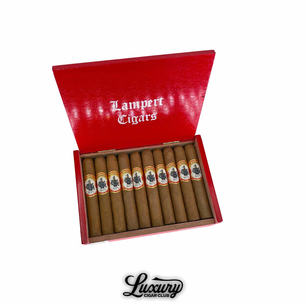 Lampert 1675 Edición Rojo Robusto cigars displayed in an open red box with bold white Lampert Cigars branding, presented by Luxury Cigar Club.