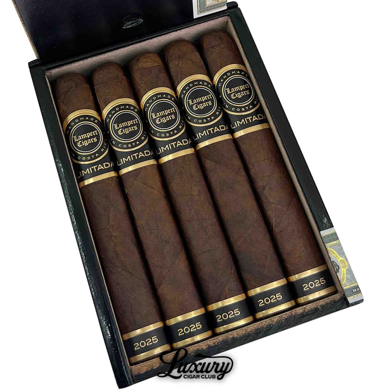 Close-up view of Lampert Limitada 2025 cigars, showcasing rich dark Ecuadorian HVA wrappers and bold Limitada 2025 bands in gold and black, from Luxury Cigar Club.