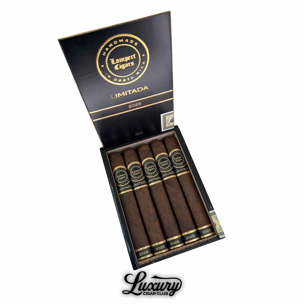 Open box of Lampert Limitada 2025 cigars displayed with gold and black branding, featuring six box-pressed toro cigars, available at Luxury Cigar Club.
