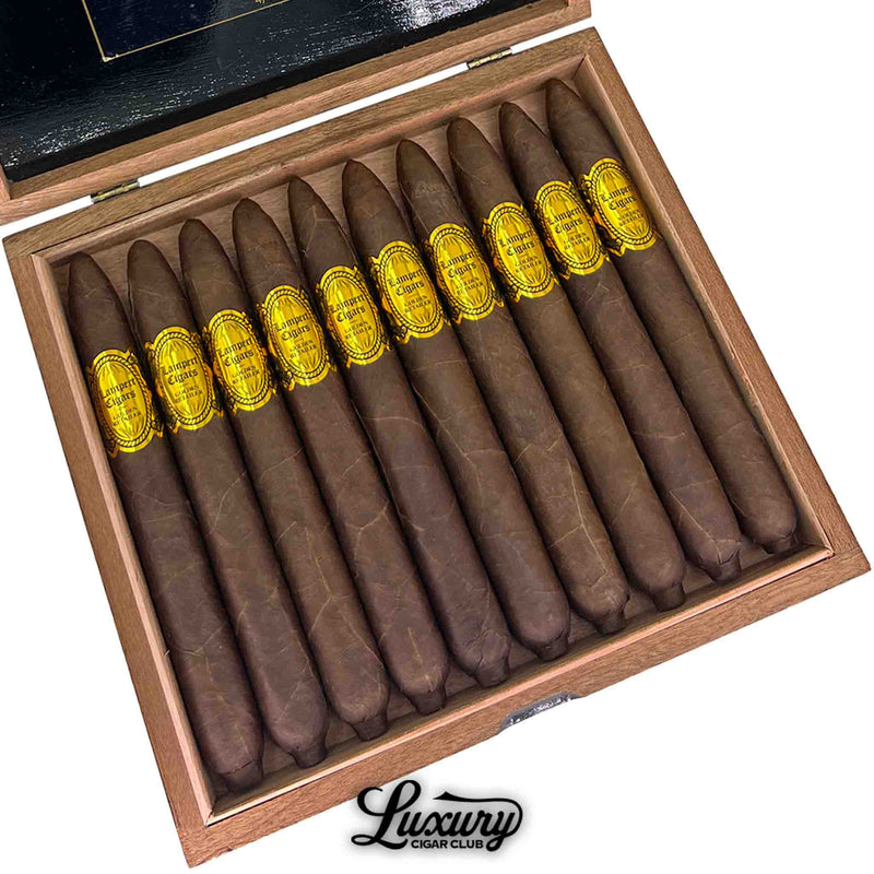 Luxury Cigar Club close-up of Lampert Golden Retailer Maduro Limited Edition Salomones cigars in open box.