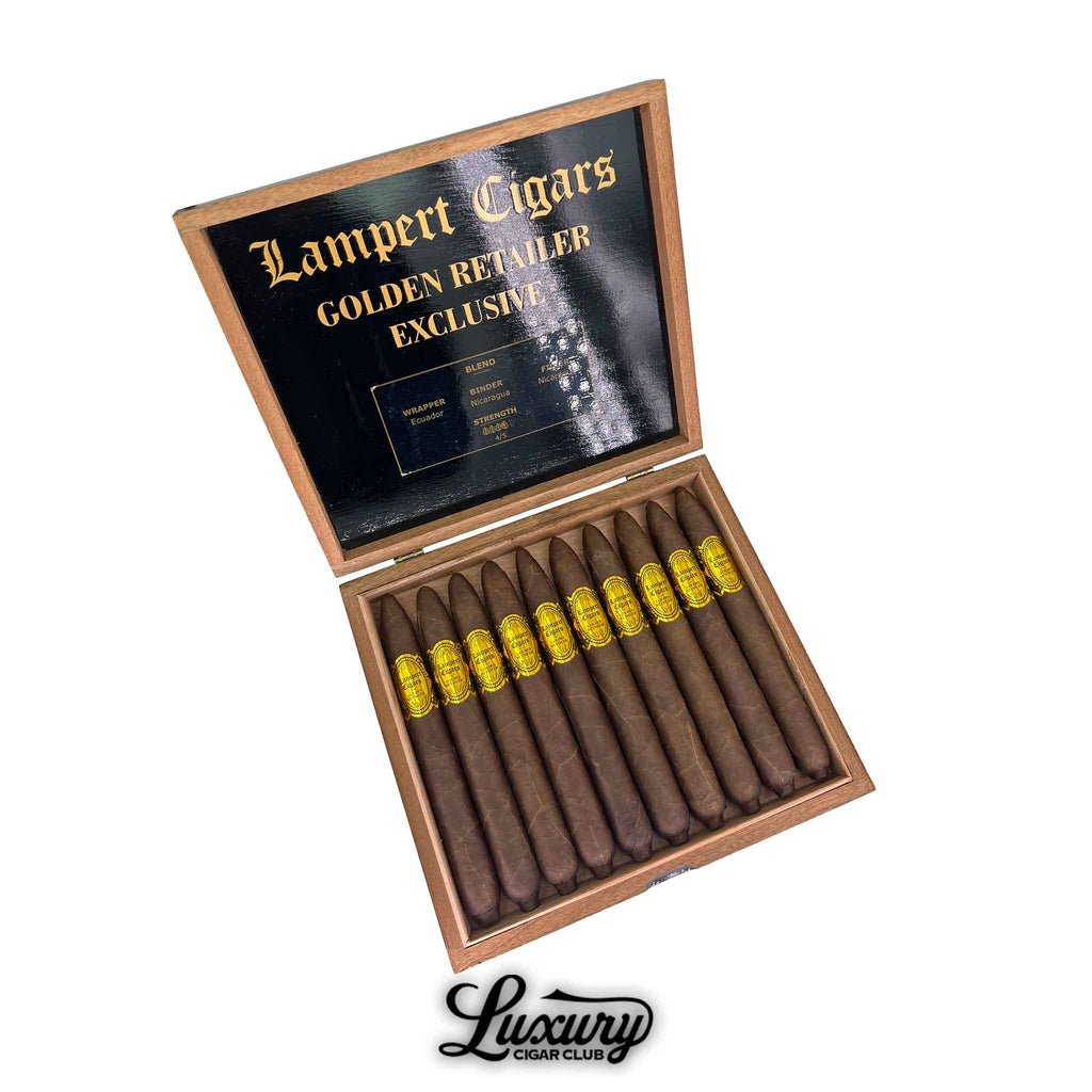 Luxury Cigar Club box of Lampert Golden Retailer Maduro Limited Edition Salomones cigars with bold yellow bands.