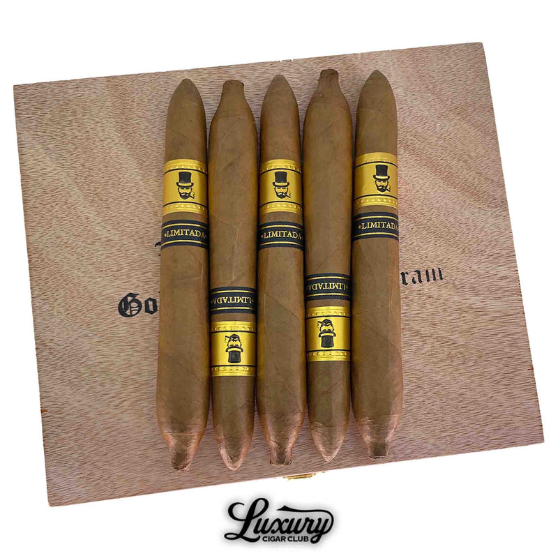 Lampert Golden Retailer Salomones Limited Release five-pack cigars arranged on a wooden box lid, displayed by Luxury Cigar Club.