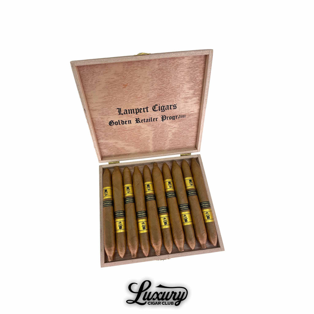 Lampert Golden Retailer Salomones Limited Release box showcasing ten premium Salomone cigars with gold and black bands, presented by Luxury Cigar Club.