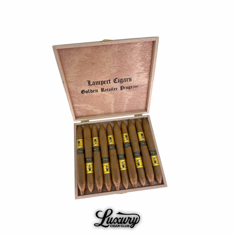 Lampert Golden Retailer Salomones Limited Release box showcasing ten premium Salomone cigars with gold and black bands, presented by Luxury Cigar Club.