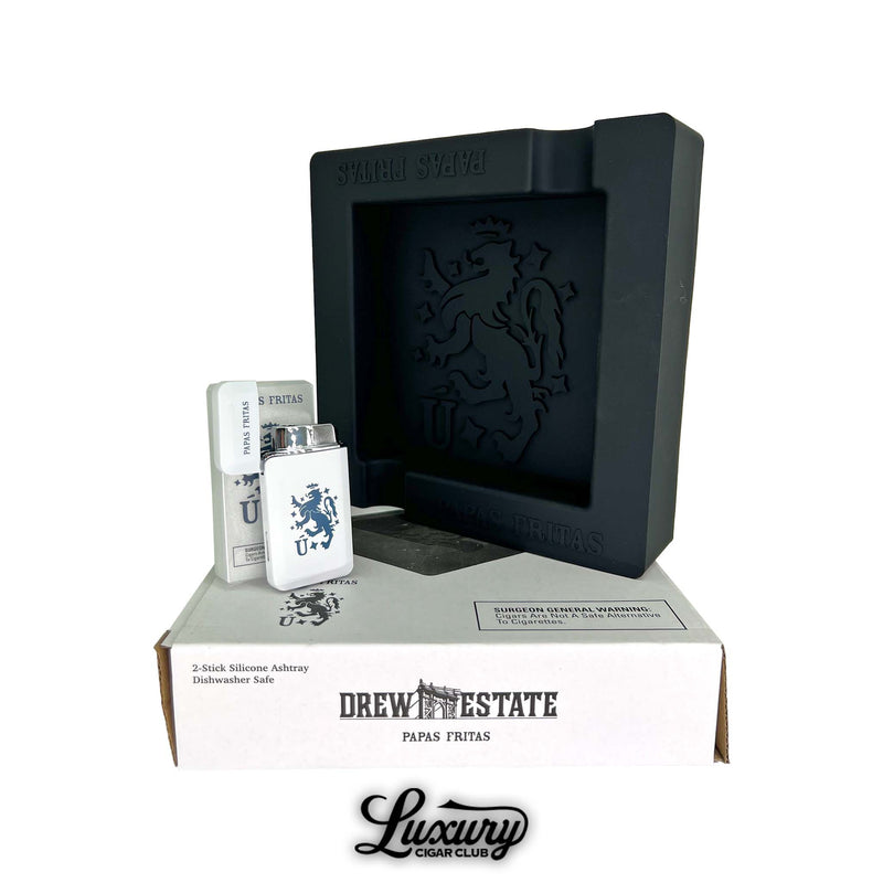 Drew Estate Papas Fritas gift set including branded lighter, silicone ashtray, and packaging, part of the Liga Privada 7th Anniversary Swag Sampler at Luxury Cigar Club.